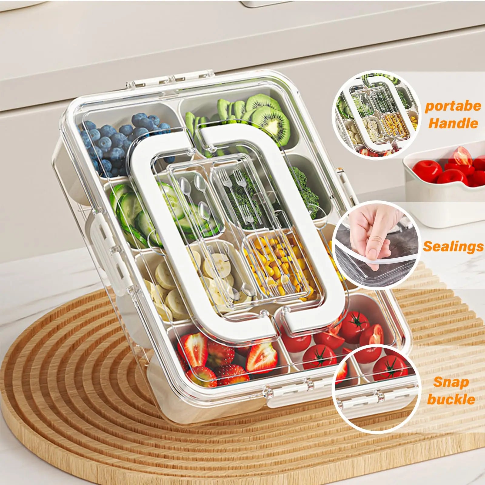 Portable Snackle Box Container  Divided Serving Tray with Lid and Handle Clear Snack Box Organizer for Fruits Candy, Snacks